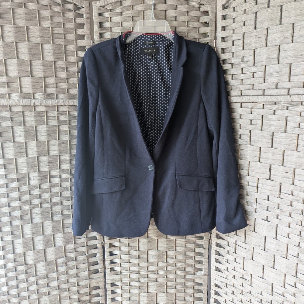 Talbots Aberdeen Blazer Navy Blue Knit Single Button 10 Stretch Office Preppy